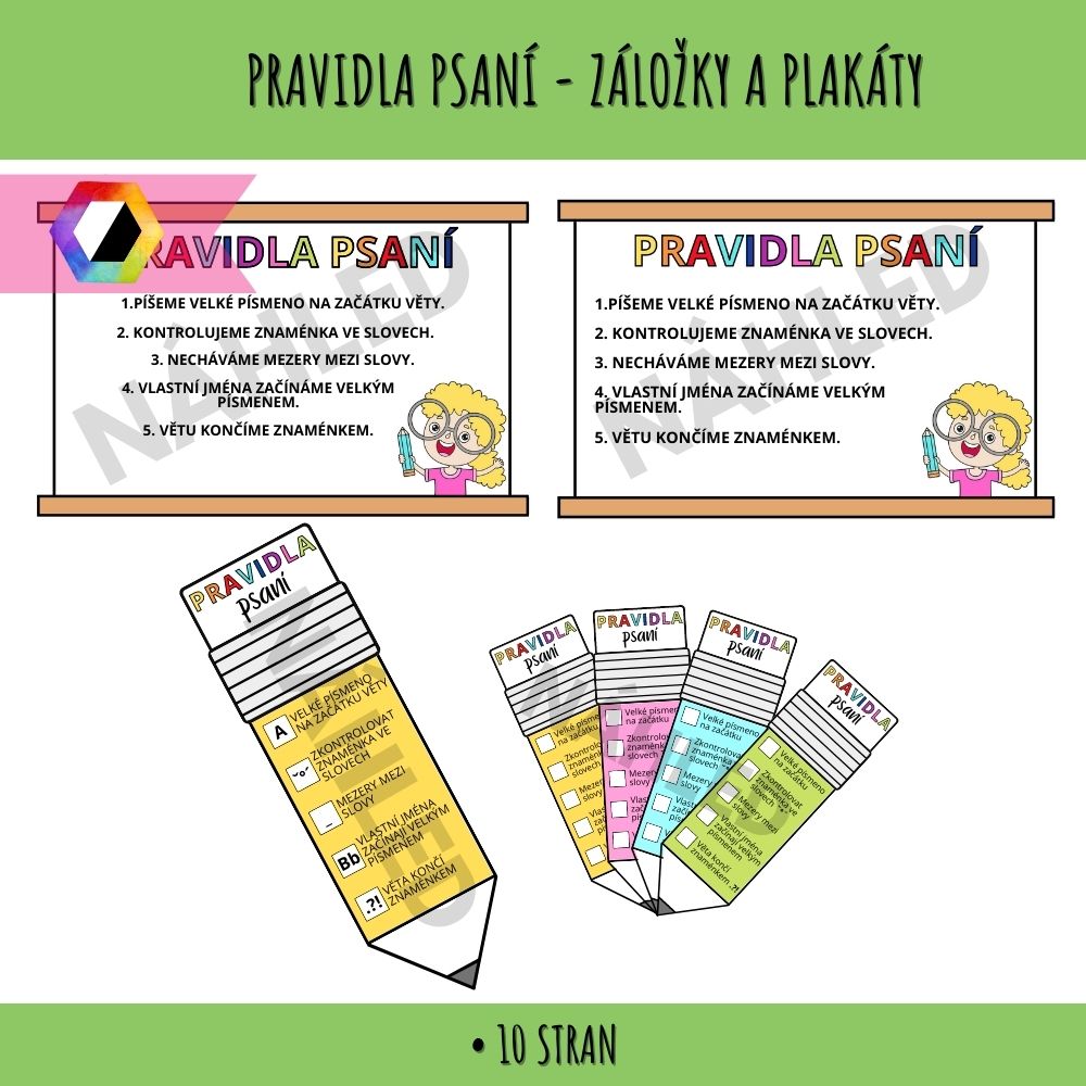 Pravidla psaní - výzdoba + záložka 169 pravidla psaní pro děti