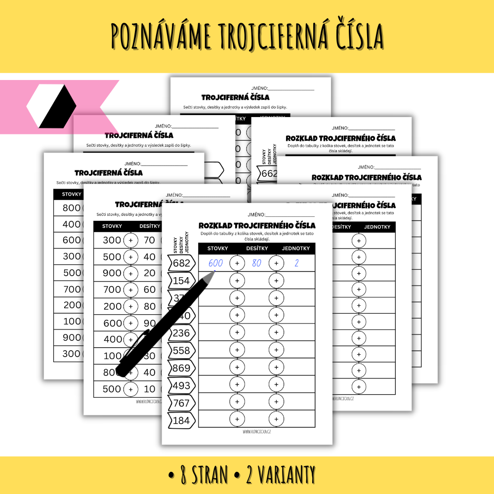 Poznáváme trojciferná čísla - pracovní listy 120 trojciferná čísla pracovní listy