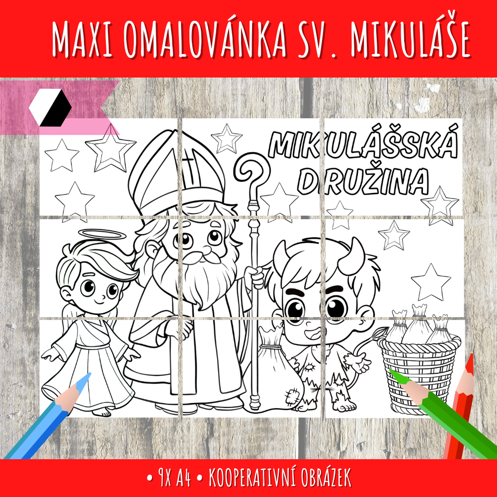 Maxiomalovánka na Mikuláše – Kooperativní obrázek pro děti 60 Maxiomalovánka na Mikuláše