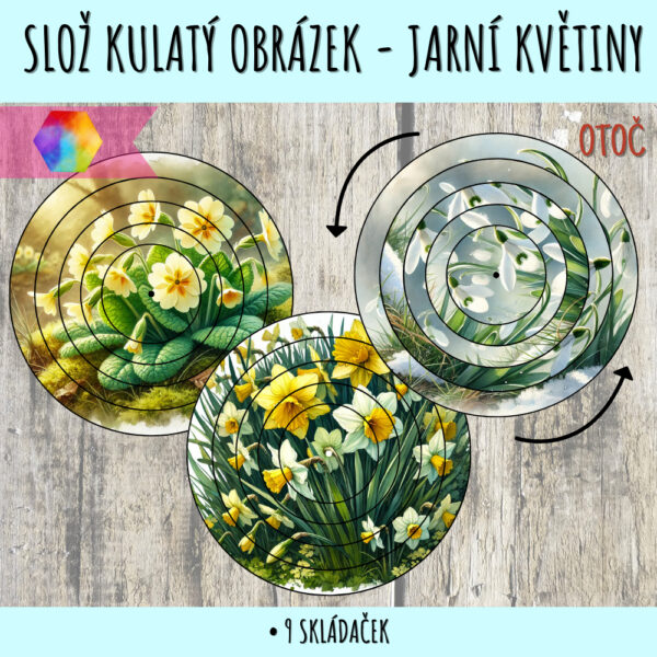 Slož obrázek jarní květiny – kulaté puzzle 1 kulaté puzzle jarní květiny
